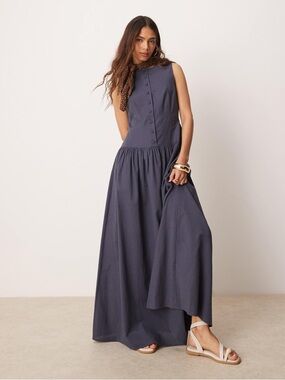 ASOS DESIGN Linen Blend Button Front Dropped Waist Maxi Dress Deep Navy Size 8